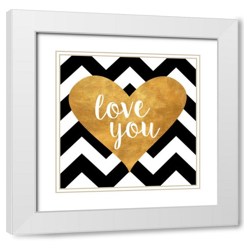 Gold Chevron Hearts Square I White Modern Wood Framed Art Print with Double Matting by SD Graphics Studio