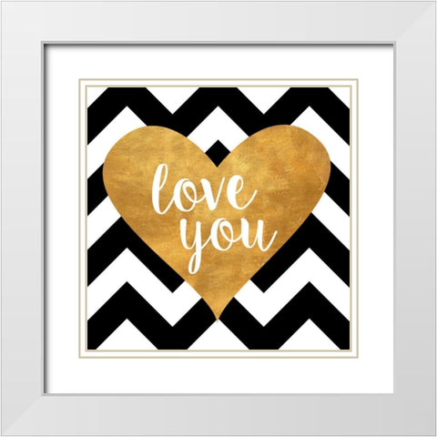 Gold Chevron Hearts Square I White Modern Wood Framed Art Print with Double Matting by SD Graphics Studio