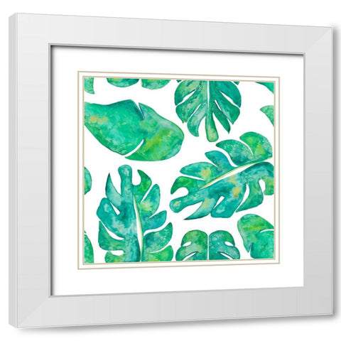 Aqua Leaves On White White Modern Wood Framed Art Print with Double Matting by Papa, Kat