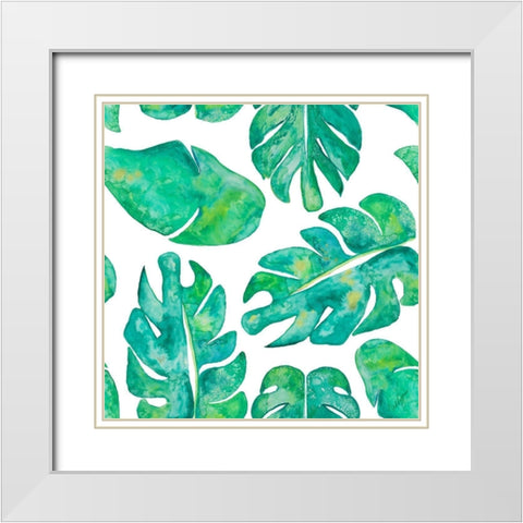 Aqua Leaves On White White Modern Wood Framed Art Print with Double Matting by Papa, Kat