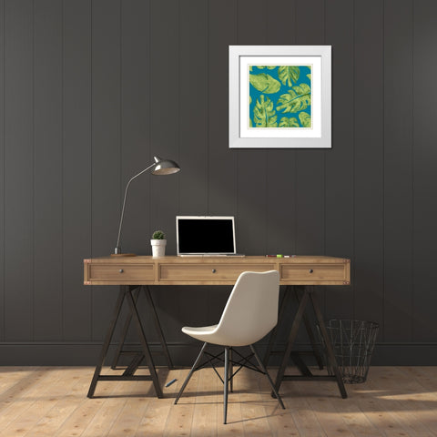 Leaves On Teal White Modern Wood Framed Art Print with Double Matting by Papa, Kat
