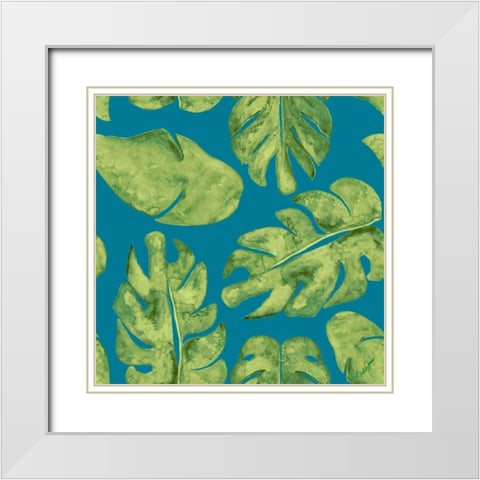 Leaves On Teal White Modern Wood Framed Art Print with Double Matting by Papa, Kat