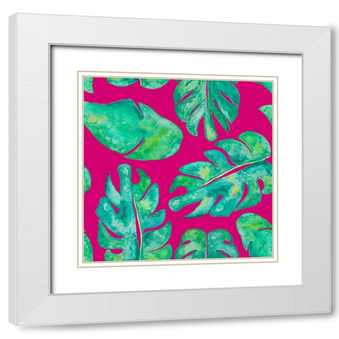 Aqua Leaves On Pink White Modern Wood Framed Art Print with Double Matting by Papa, Kat