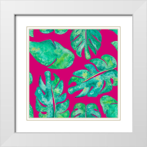 Aqua Leaves On Pink White Modern Wood Framed Art Print with Double Matting by Papa, Kat