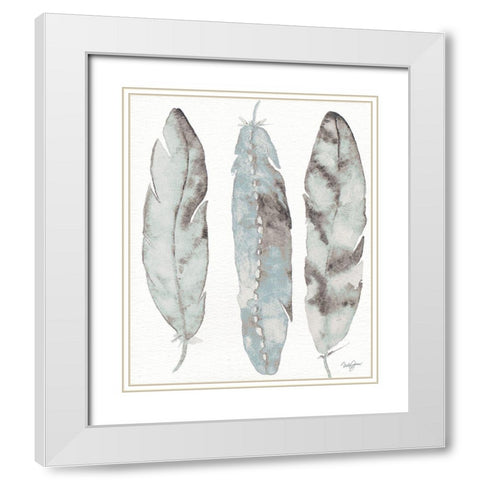 Three Blue Feathers White Modern Wood Framed Art Print with Double Matting by James, Nola