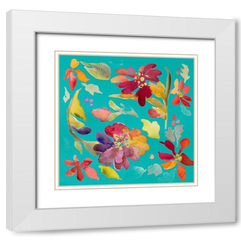 Floral Party On Teal White Modern Wood Framed Art Print with Double Matting by Loreth, Lanie