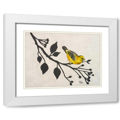 Yellow Bird On the Branch I White Modern Wood Framed Art Print with Double Matting by Pinto, Patricia