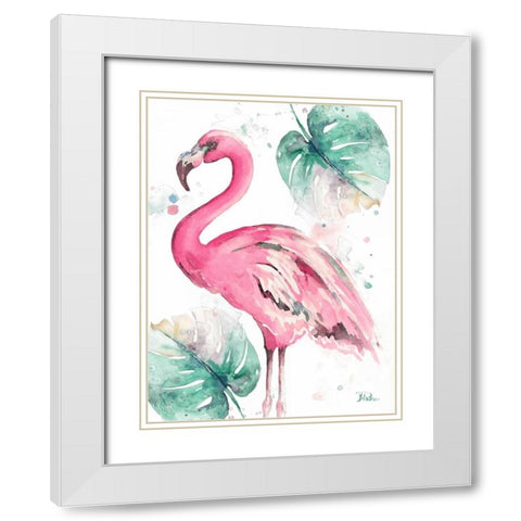 Watercolor Leaf Flamingo I White Modern Wood Framed Art Print with Double Matting by Pinto, Patricia