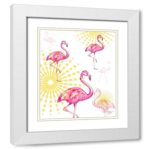Fashion Flamingos Burst I White Modern Wood Framed Art Print with Double Matting by Hakimipour, Tiffany