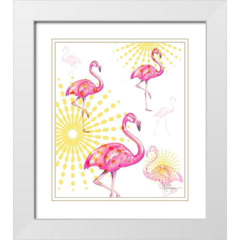 Fashion Flamingos Burst I White Modern Wood Framed Art Print with Double Matting by Hakimipour, Tiffany