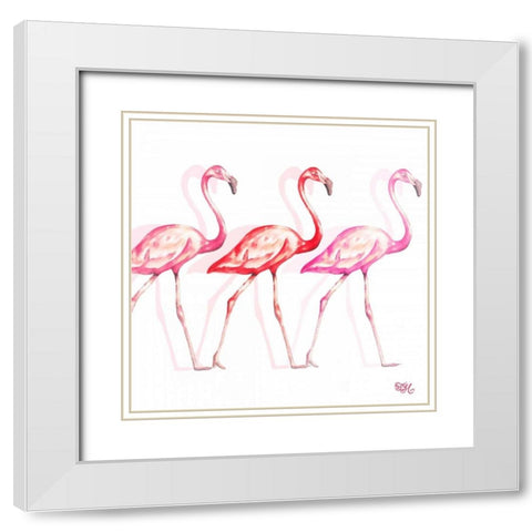 Flamingo Trio I White Modern Wood Framed Art Print with Double Matting by Hakimipour, Tiffany