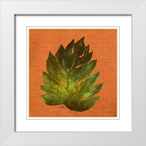 Leaf on Teal Burlap White Modern Wood Framed Art Print with Double Matting by Medley, Elizabeth