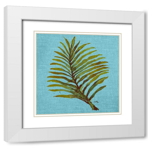 Leaf on Teal Burlap White Modern Wood Framed Art Print with Double Matting by Medley, Elizabeth