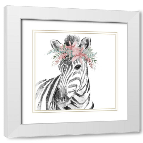 Water Zebra with Floral Crown Square White Modern Wood Framed Art Print with Double Matting by Pinto, Patricia