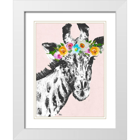Flower Crown Giraffe White Modern Wood Framed Art Print with Double Matting by Pinto, Patricia