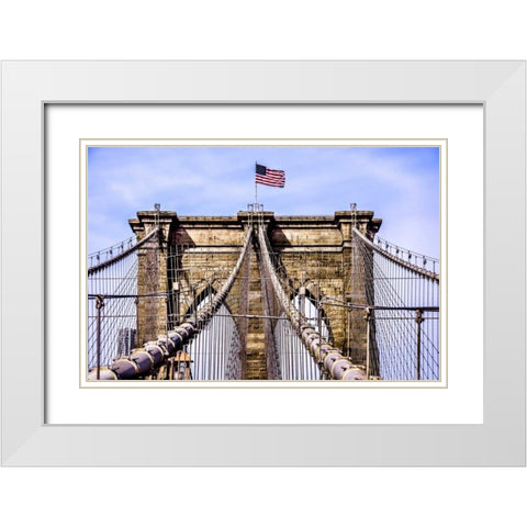 Brooklyn Bridge with Flag White Modern Wood Framed Art Print with Double Matting by Bill Carson Photography