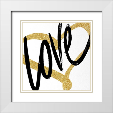 Gold Heart Black Script Love White Modern Wood Framed Art Print with Double Matting by SD Graphics Studio