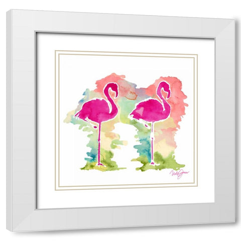 Sunset Flamingo Pair White Modern Wood Framed Art Print with Double Matting by James, Nola