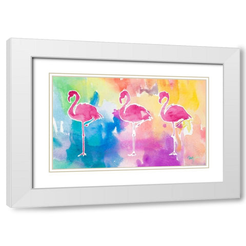 Sunset Flamingo Color Flow White Modern Wood Framed Art Print with Double Matting by James, Nola