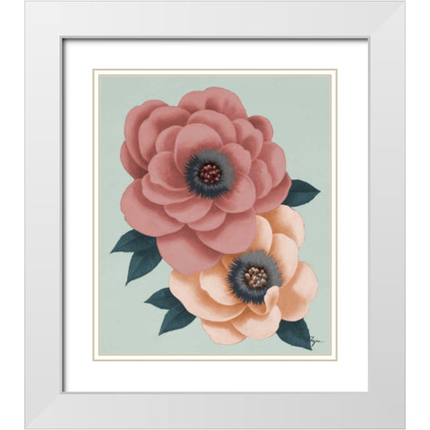 Pink Flowers on Mint I White Modern Wood Framed Art Print with Double Matting by Rhyan, Vivien