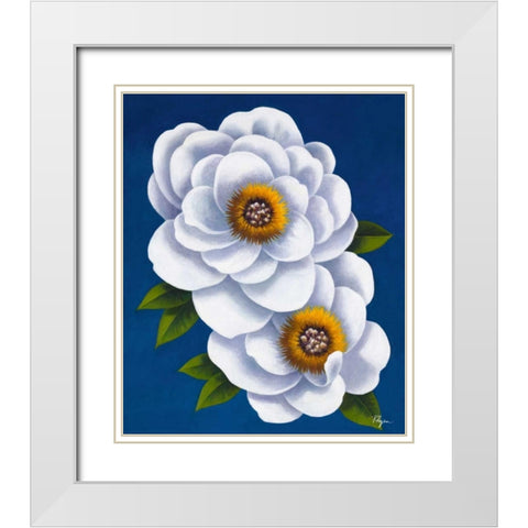 White Flowers on Blue I White Modern Wood Framed Art Print with Double Matting by Rhyan, Vivien