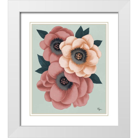 Pink Flowers on Mint I White Modern Wood Framed Art Print with Double Matting by Rhyan, Vivien