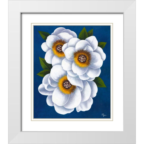 White Flowers on Blue II White Modern Wood Framed Art Print with Double Matting by Rhyan, Vivien