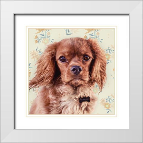 Florals and Spaniels White Modern Wood Framed Art Print with Double Matting by Josefina
