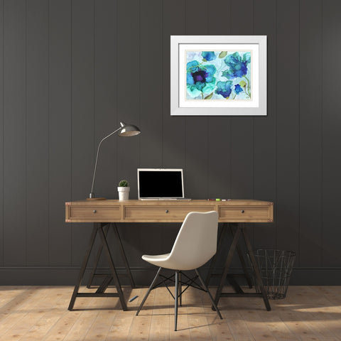 Aqua Poppies I White Modern Wood Framed Art Print with Double Matting by Medley, Elizabeth