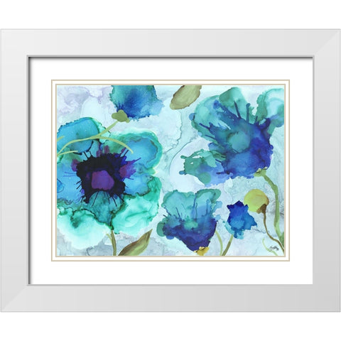 Aqua Poppies I White Modern Wood Framed Art Print with Double Matting by Medley, Elizabeth
