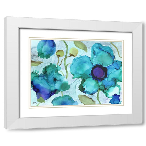 Aqua Poppies II White Modern Wood Framed Art Print with Double Matting by Medley, Elizabeth