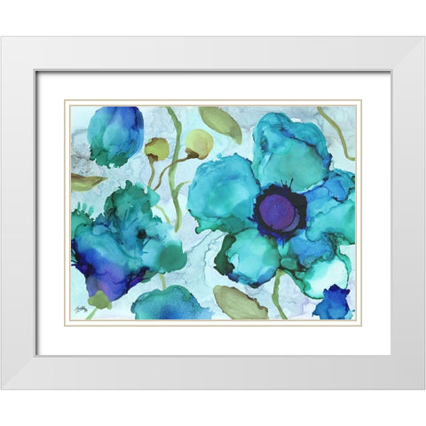 Aqua Poppies II White Modern Wood Framed Art Print with Double Matting by Medley, Elizabeth