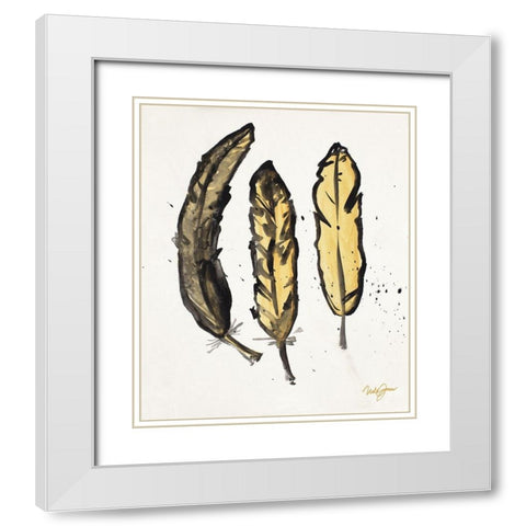 Golden Feathers I White Modern Wood Framed Art Print with Double Matting by James, Nola