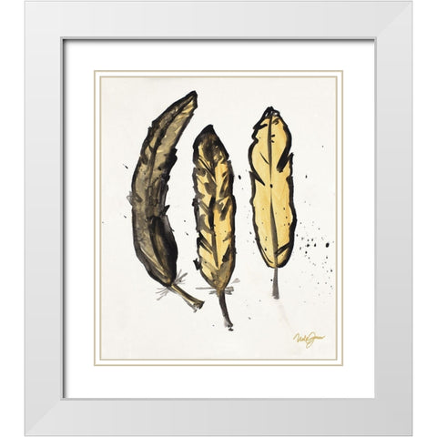 Golden Feathers I White Modern Wood Framed Art Print with Double Matting by James, Nola
