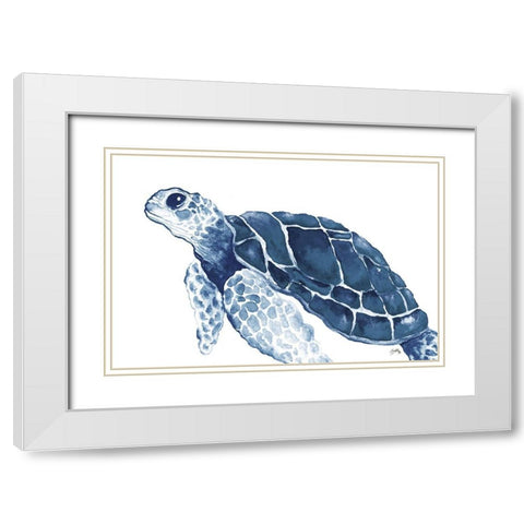 Turtle in the Blues White Modern Wood Framed Art Print with Double Matting by Medley, Elizabeth