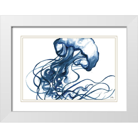 Jellyfish In The Blues White Modern Wood Framed Art Print with Double Matting by Medley, Elizabeth