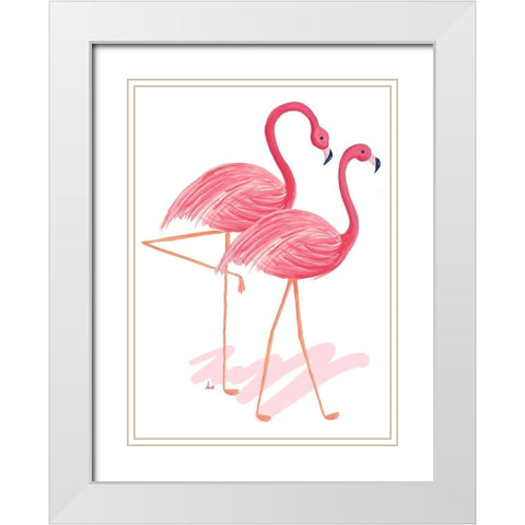 Flamingo Walk Watercolor I White Modern Wood Framed Art Print with Double Matting by Metz, Andi