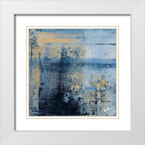 Gold on Blue Squarel II White Modern Wood Framed Art Print with Double Matting by Pinto, Patricia