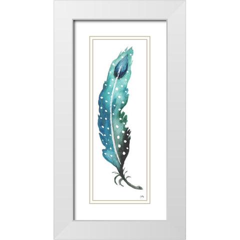 Dotted Blue Feather I White Modern Wood Framed Art Print with Double Matting by Medley, Elizabeth