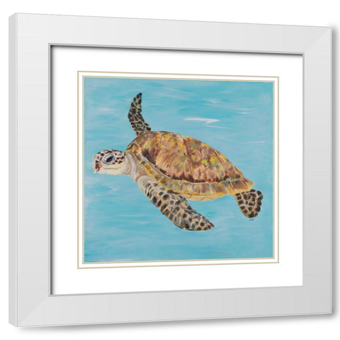 Turtle in the Blue Sea II White Modern Wood Framed Art Print with Double Matting by DeRice, Julie