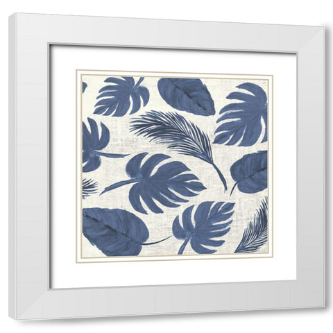 Blue Leaves Scatter Pattern White Modern Wood Framed Art Print with Double Matting by DeRice, Julie