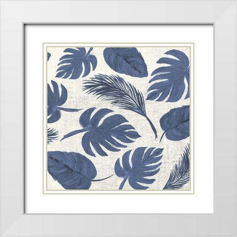 Blue Leaves Scatter Pattern White Modern Wood Framed Art Print with Double Matting by DeRice, Julie