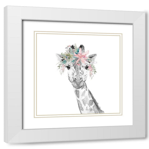 Water Giraffe with Floral Crown Square White Modern Wood Framed Art Print with Double Matting by Pinto, Patricia