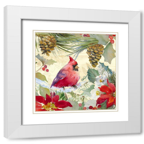 Cardinal and Pinecones I White Modern Wood Framed Art Print with Double Matting by Loreth, Lanie