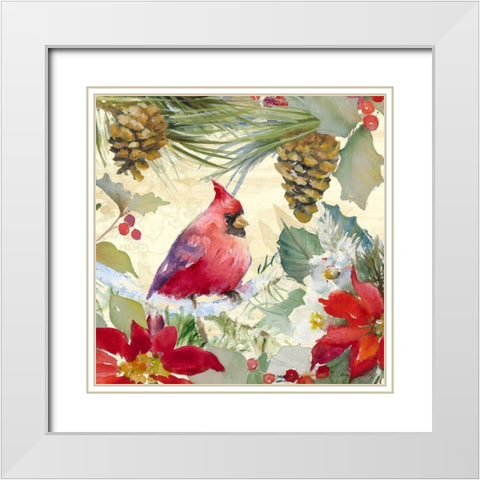 Cardinal and Pinecones I White Modern Wood Framed Art Print with Double Matting by Loreth, Lanie