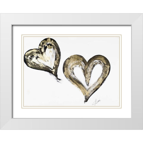 Two Gold and Black Hearts White Modern Wood Framed Art Print with Double Matting by Ritter, Gina
