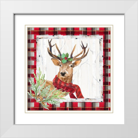 Holiday Deer on Plaid Square I White Modern Wood Framed Art Print with Double Matting by Loreth, Lanie