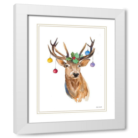 Deer with Holly and Ornaments White Modern Wood Framed Art Print with Double Matting by Loreth, Lanie