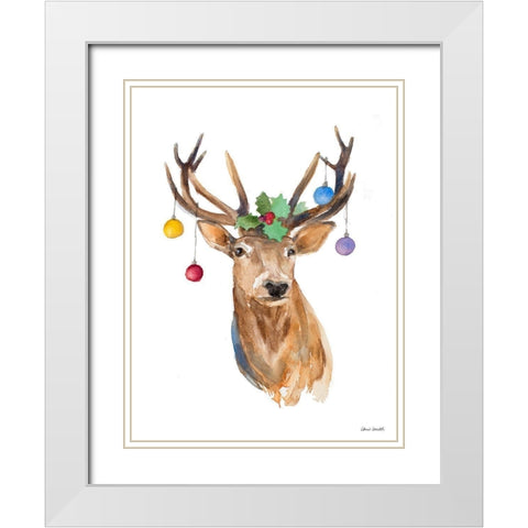 Deer with Holly and Ornaments White Modern Wood Framed Art Print with Double Matting by Loreth, Lanie
