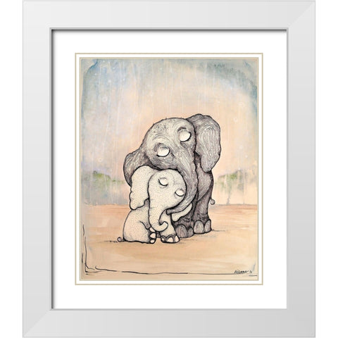 Whimsical Mom and Baby Elephant White Modern Wood Framed Art Print with Double Matting by Diannart